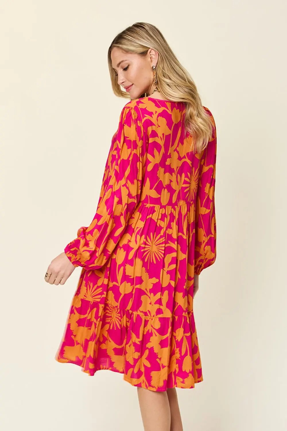 Double Take Full Size Printed Ruffle Hem Long Sleeve Dress - Love Salve
