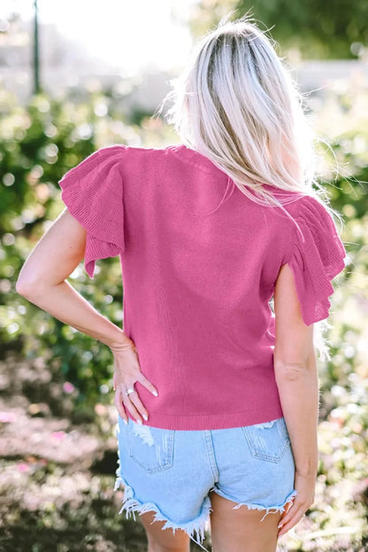 Chic ruffled cap sleeve sweater with round neckline