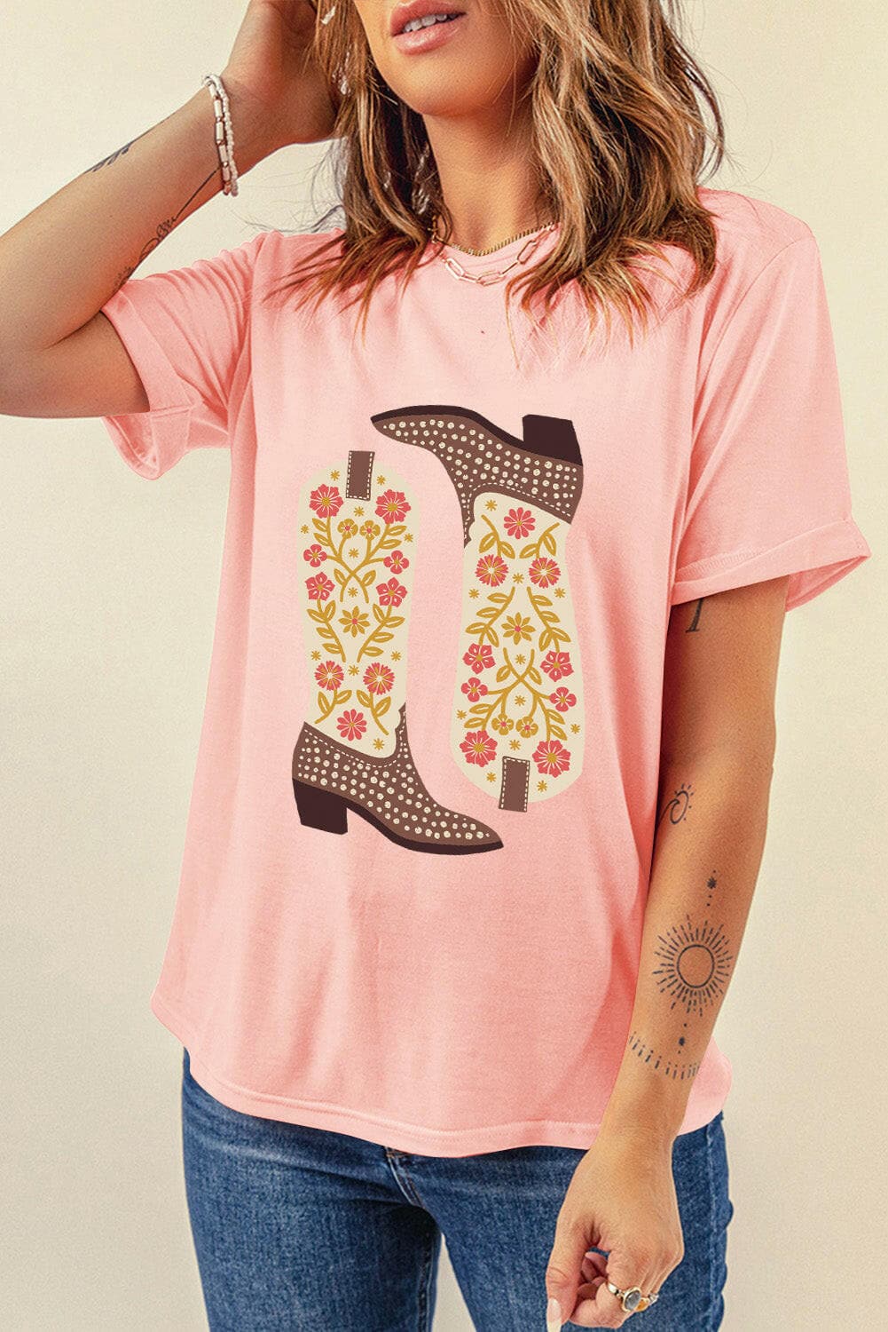 Boot Graphic Round Neck Short Sleeve T-Shirt.