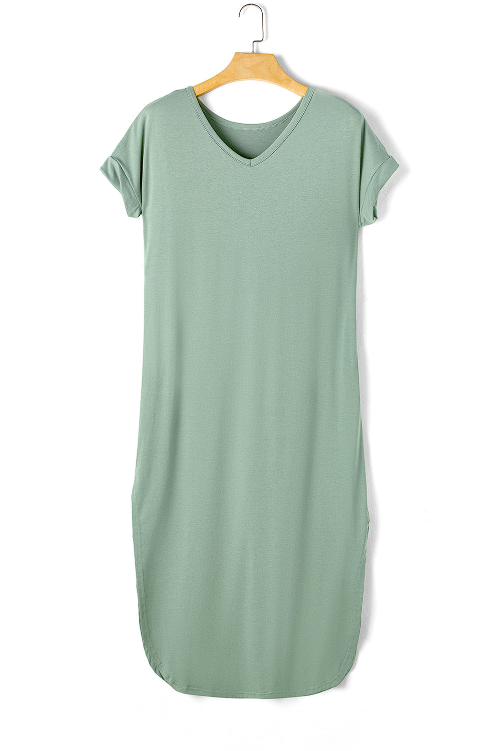 Elegant grass green maxi t-shirt dress with hidden pockets and stylish splits