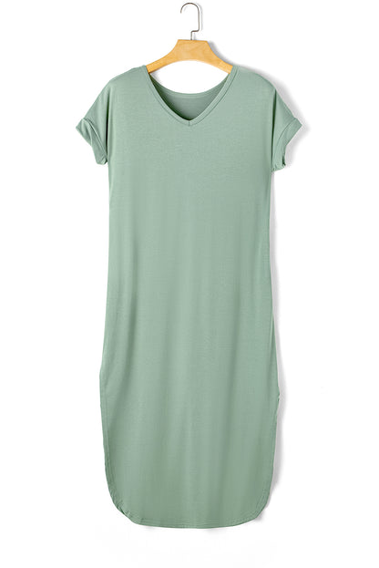 Grass Green V Neck Hidden Pocket Maxi T-shirt Dress