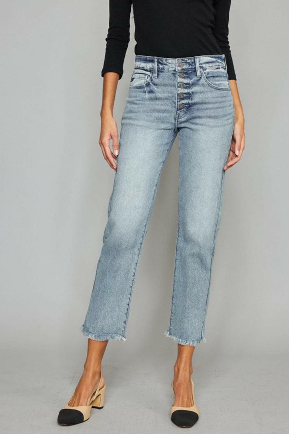 Kancan High Waist Button Fly Raw Hem Cropped Straight Jeans.