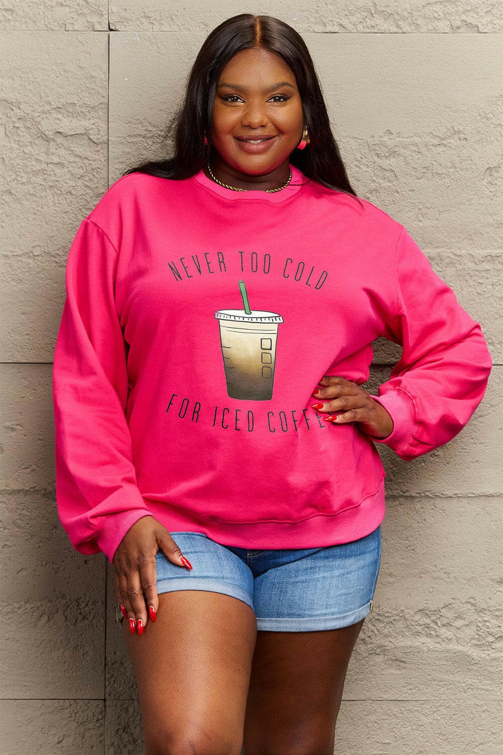 Simply Love Full Size NEVER TOO COLD FOR ICED COFFEE Round Neck SweatsStay Cozy in Style with the Simply Love Full Size Round Neck Sweatshirt
 Indulge in comfort and warmth without compromising on style with our Never Too Cold For IcedLove Salve ICED COFFEE Round Neck Sweatshirtplus