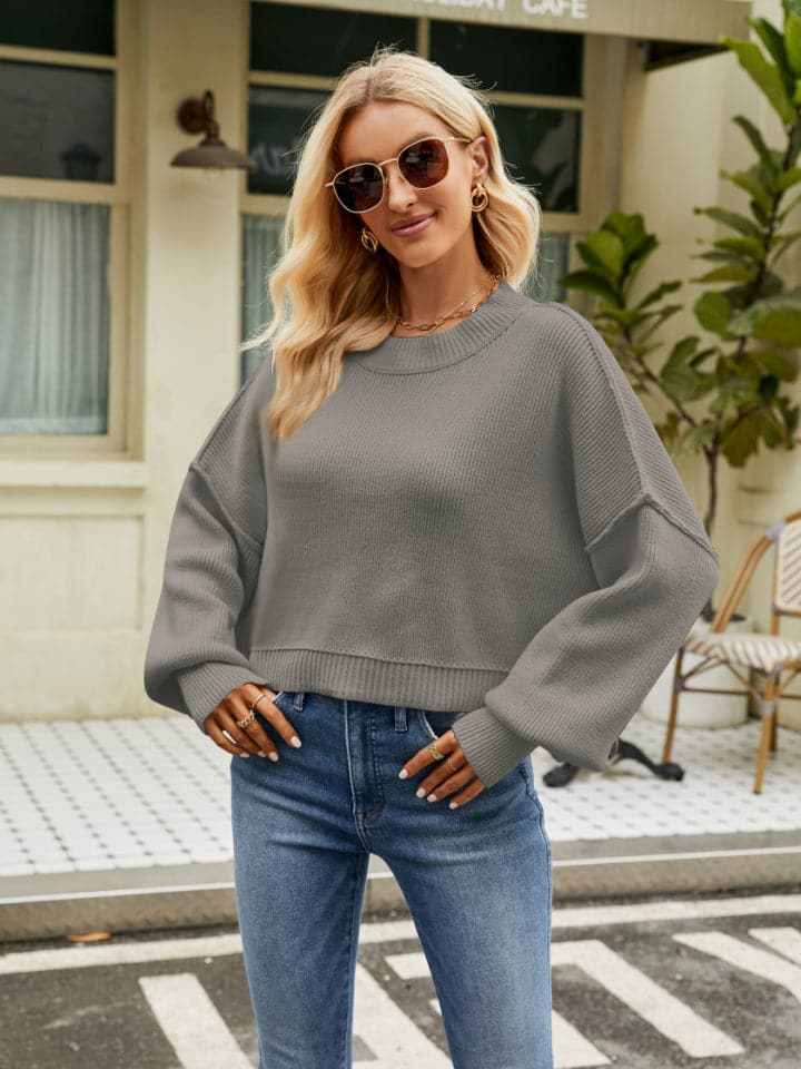 Round Neck Lantern Sleeve Sweater.