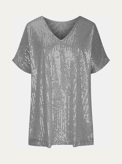 Full Size Sequin V-Neck Short Sleeve Top.