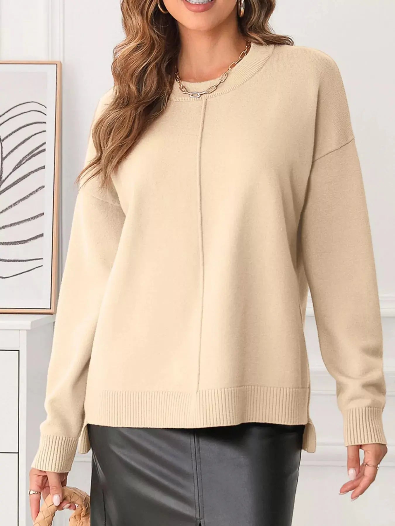 Front Center Seam Drop Shoulder Solid Sweater Simply Love