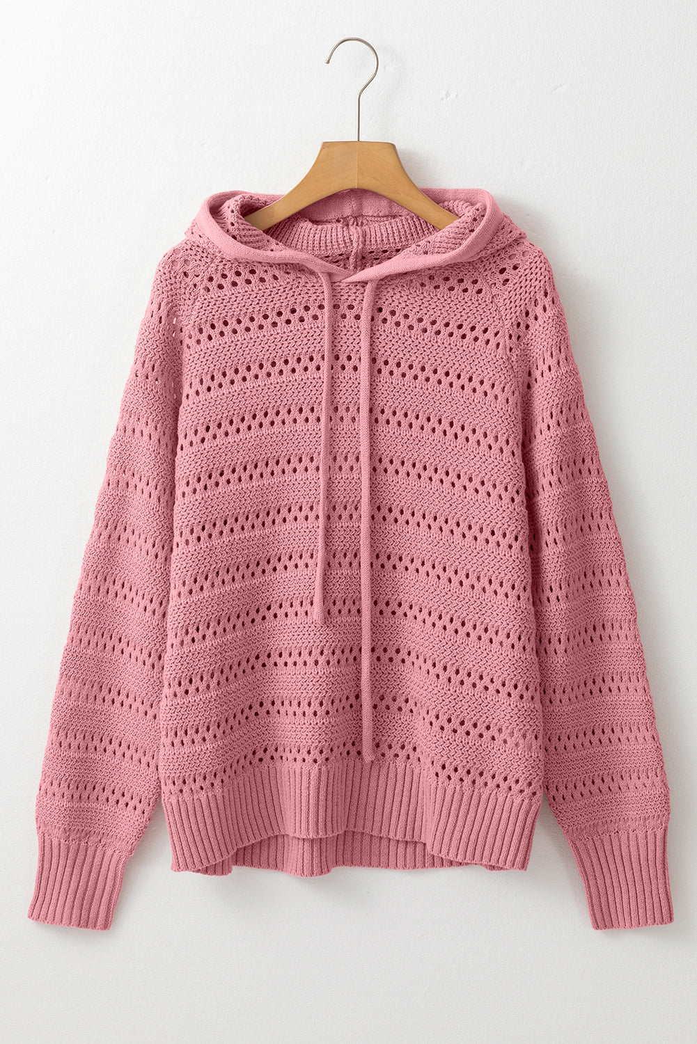 Peach blossom pointelle knit hoodie with stylish raglan sleeves