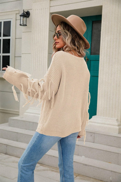 Fringe Round Neck Dropped Shoulder Sweater.