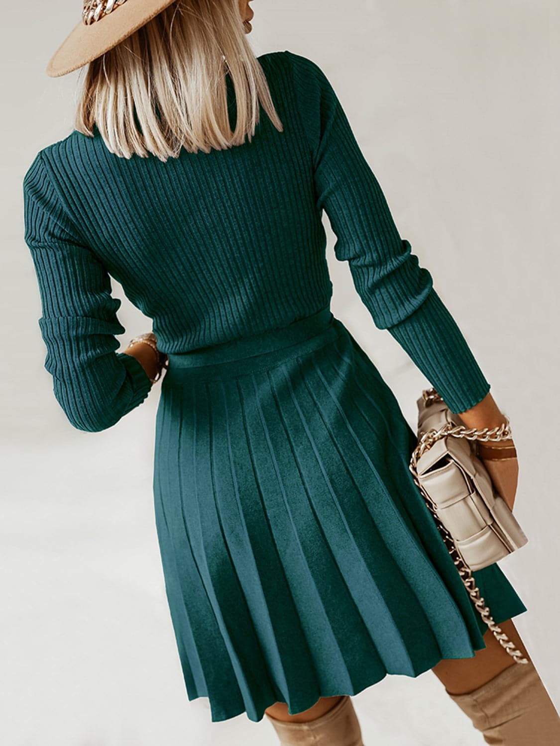 Surplice Neck Tie Front Pleated Sweater Dress.