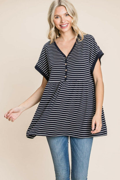 Cotton Bleu by Nu Label Striped Button Front Baby Doll TopCotton Bleu by Nu Label Striped Button Front Baby Doll Top
 Elevate your wardrobe with the Cotton Bleu Striped Button Front Baby Doll Top, where classic charm meets Love Salve Nu Label Striped Button Front Baby Doll Topjust arrived