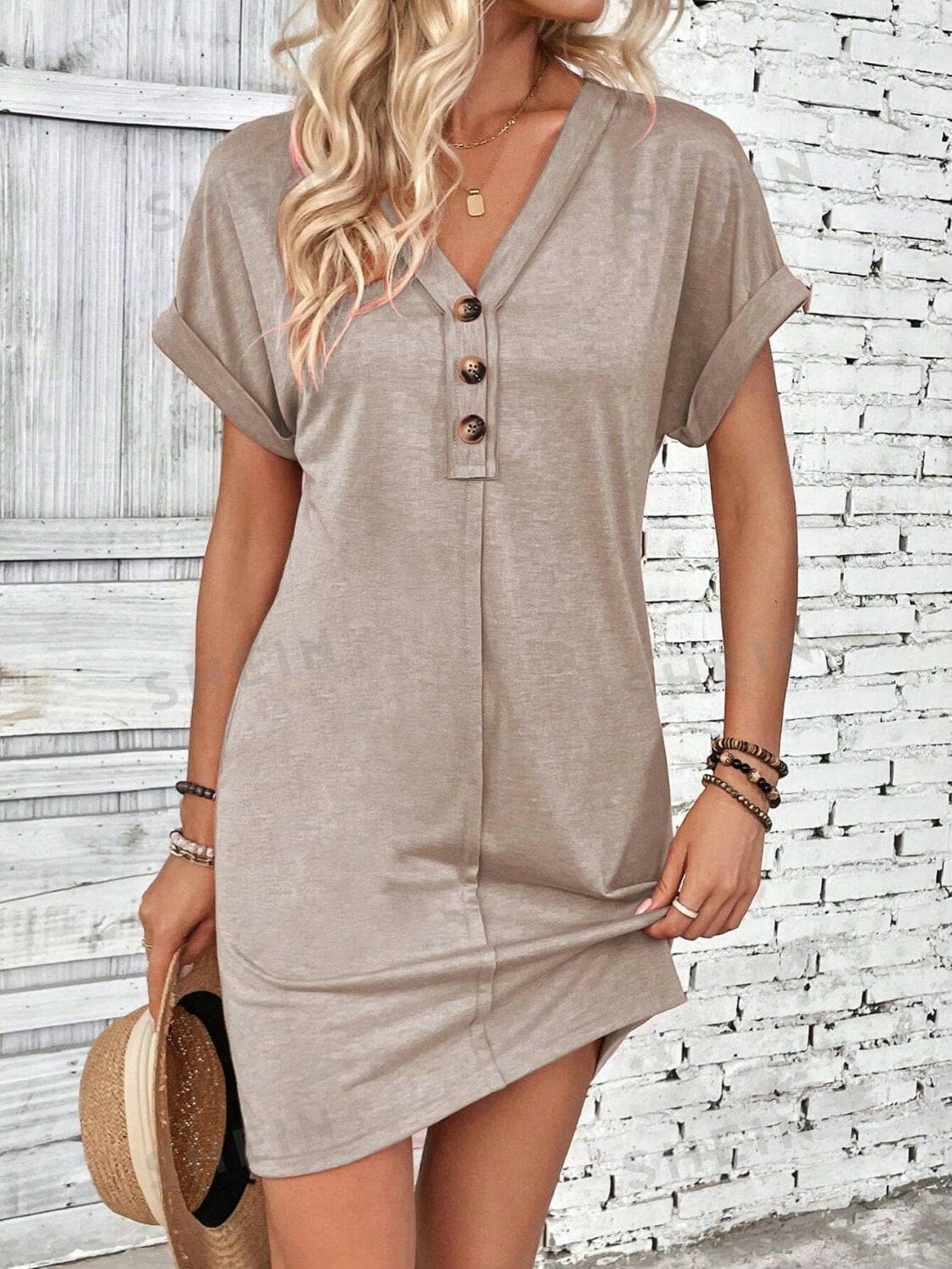 Quarter Button V-Neck Short Sleeve Dress.