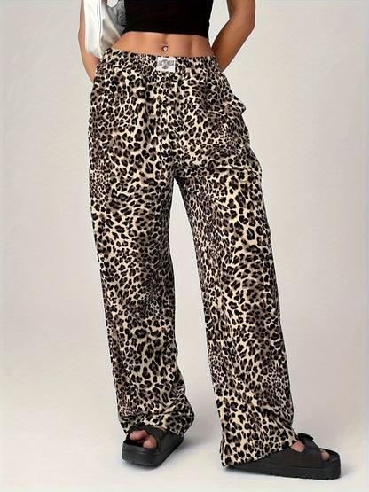 Leopard Print Wide Leg Trousers with Functional Pockets