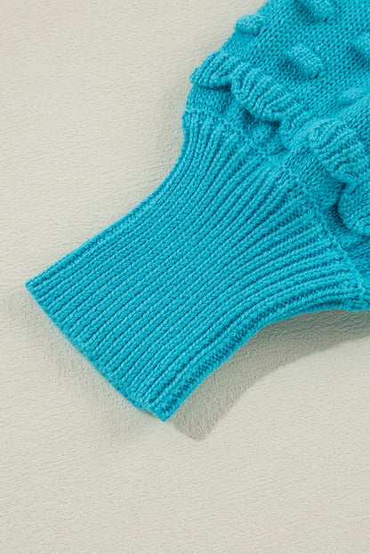 Turquoise ruffled bubble sleeve knit sweater