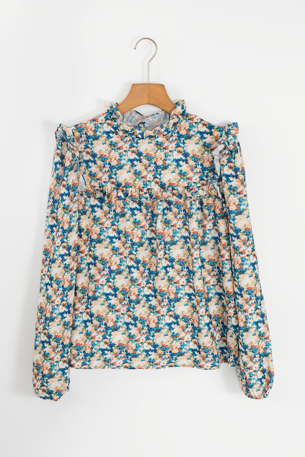 Floral frilled mock neck blouse with puff sleeves in sky blue