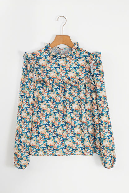 Floral frilled mock neck blouse with puff sleeves in sky blue