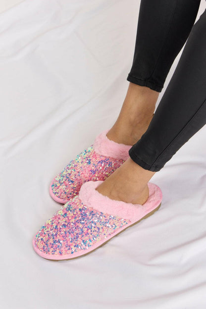 Forever Link Sequin Plush Round Toe Slippers.