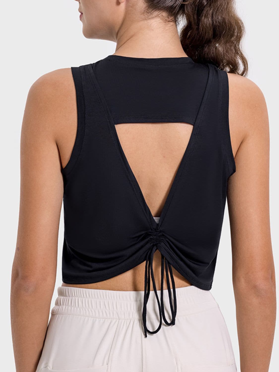 Drawstring Cutout Round Neck Active Tank.