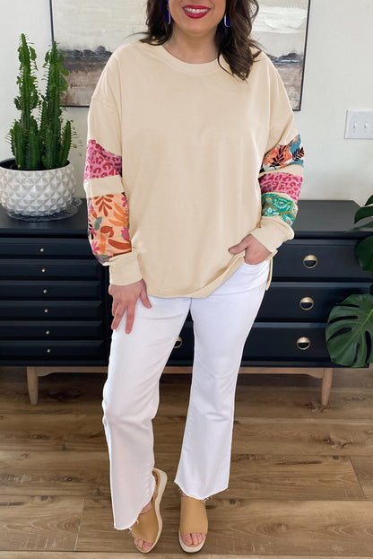 Beige plus size patchwork sleeve sweatshirt with side slits