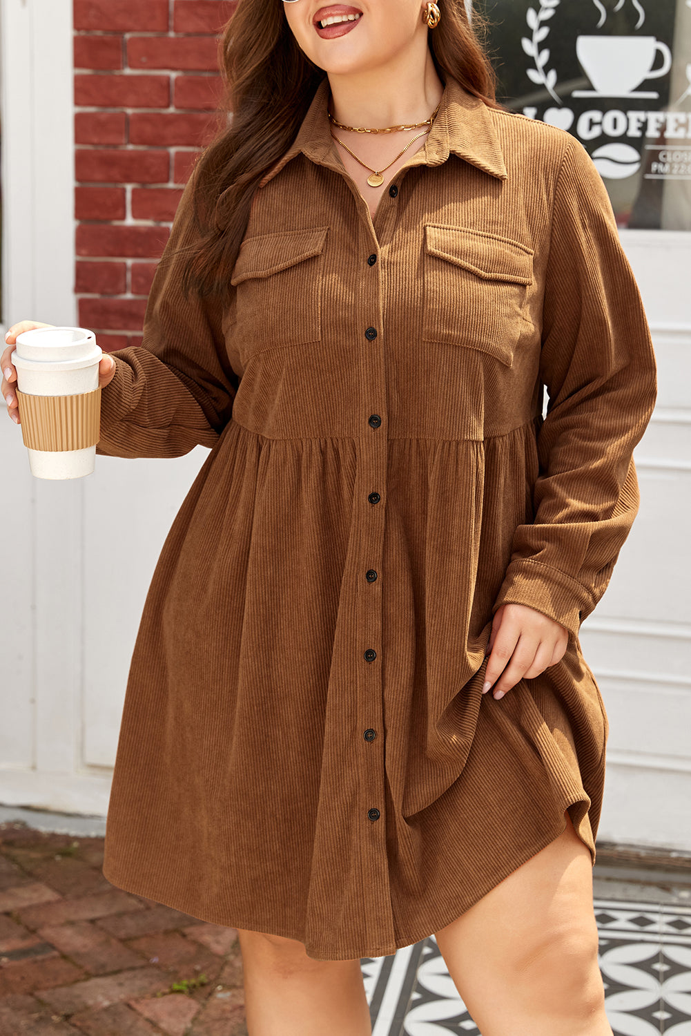 Camel Corduroy Button Down Shirt Style Plus Size Dress Dear-Lover Dropshipping