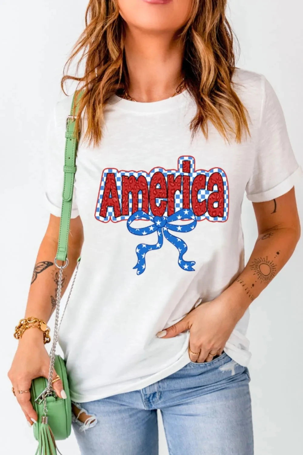 Funky America Letter Bow Round Neck T Shirt Simply Love