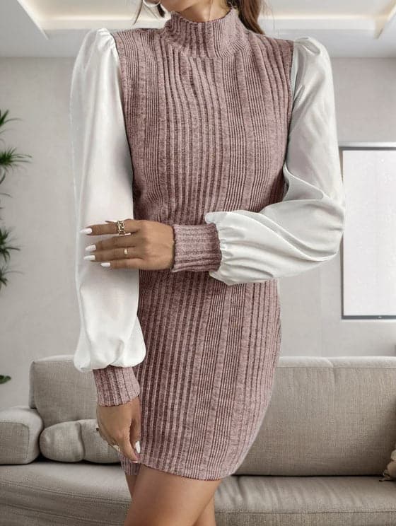 Ribbed Contrast Long Sleeve Sweater Dress.