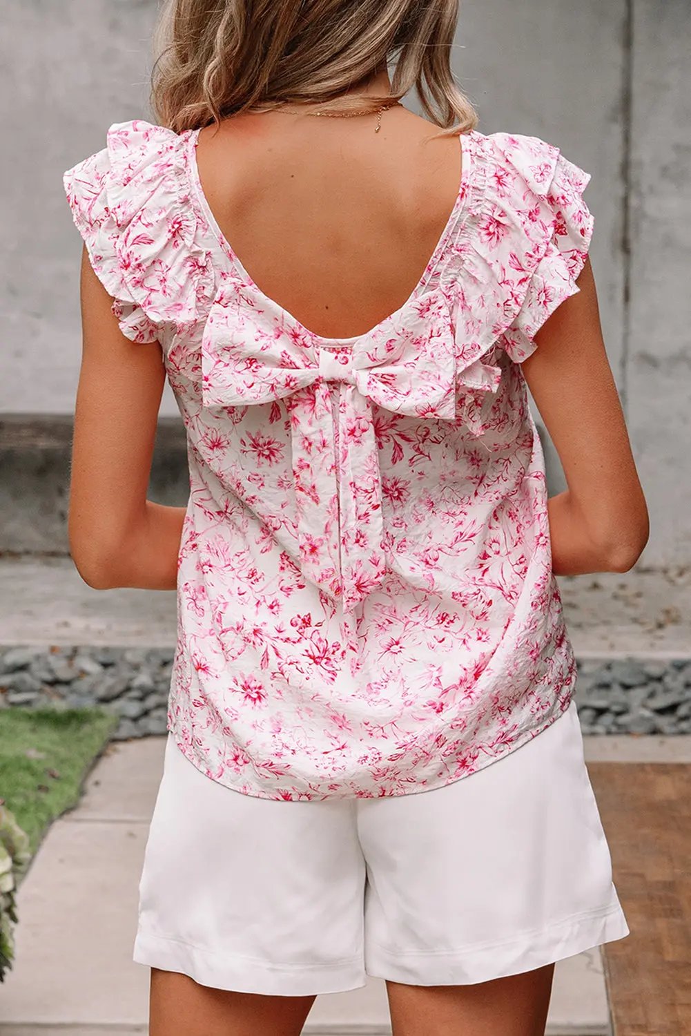 Pink Floral Ruffled Short Sleeve Bow Back Square Neck Blouse Love Salve