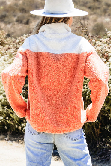 Cozy orange colorblock sherpa sweatshirt with half zipper and stand neck