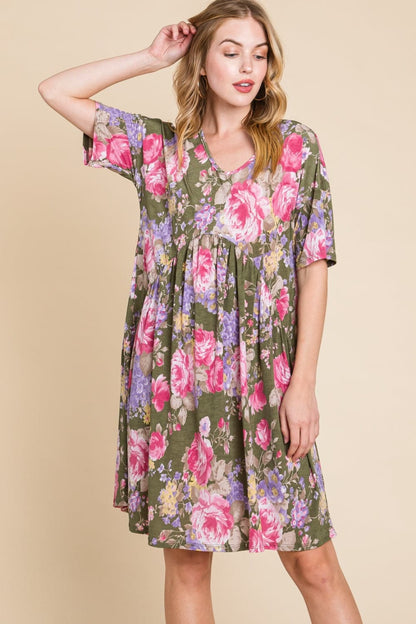 BOMBOM Flower Print V-Neck Ruched Dress.