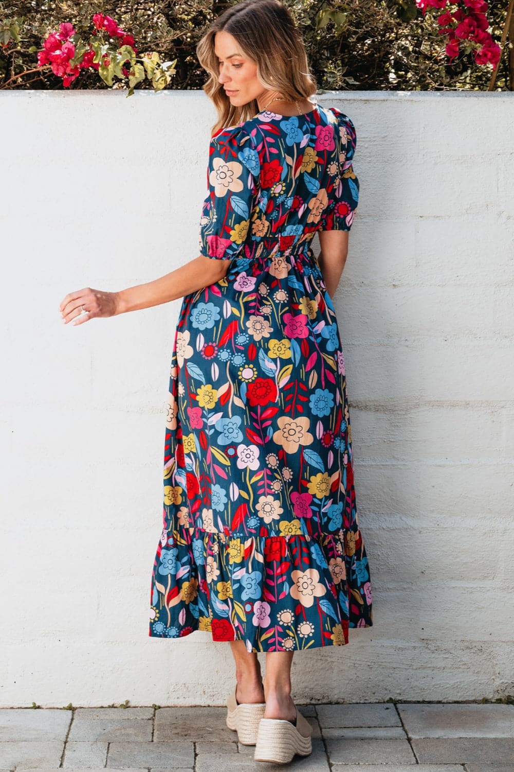 Printed Notched Puff Sleeve Midi Dress.