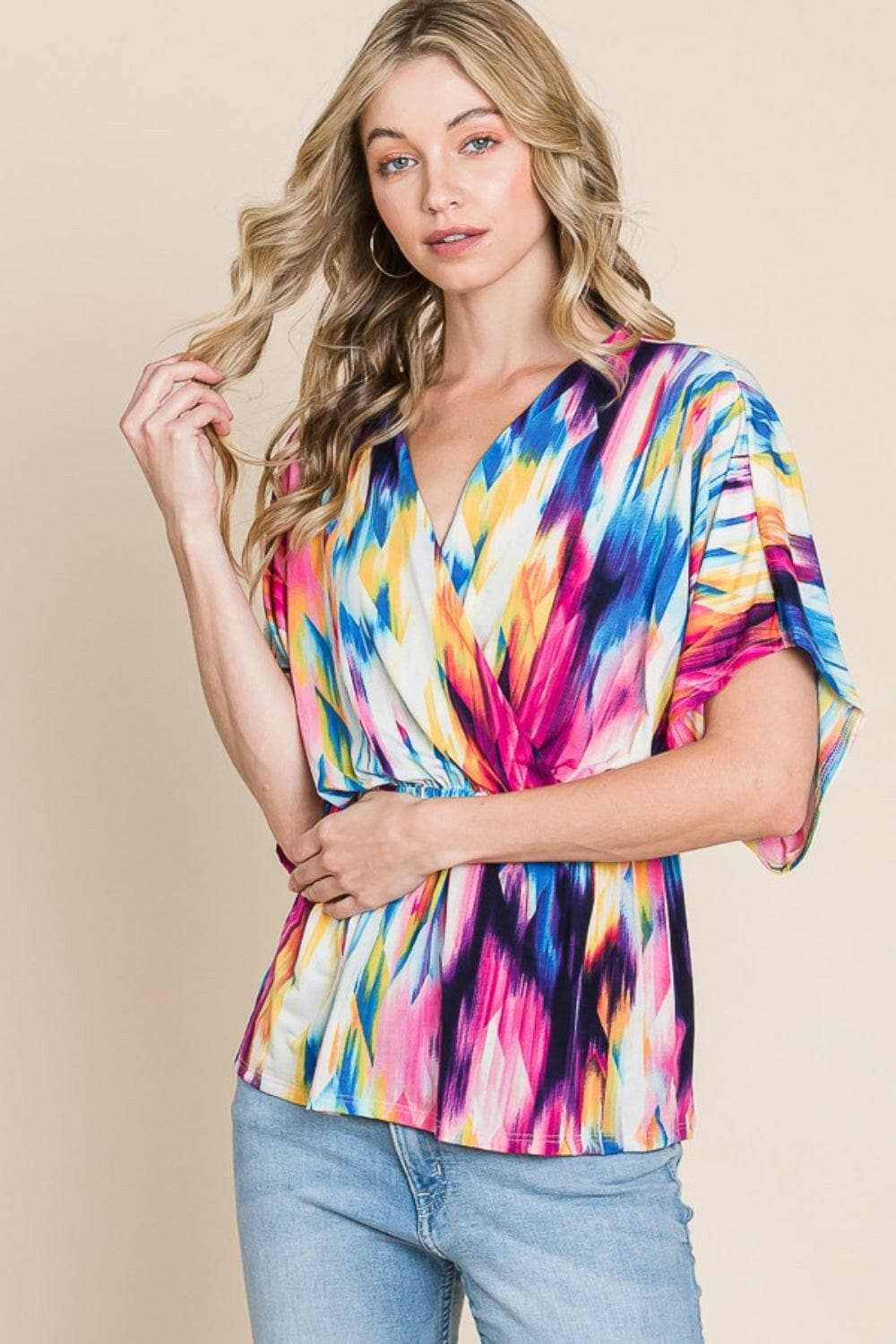 BOMBOM Printed Surplice Peplum Blouse - Love Salve 