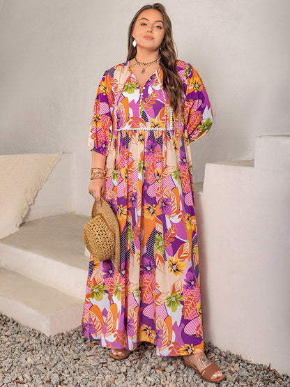 Plus Size Printed Tie Neck Maxi Dress.