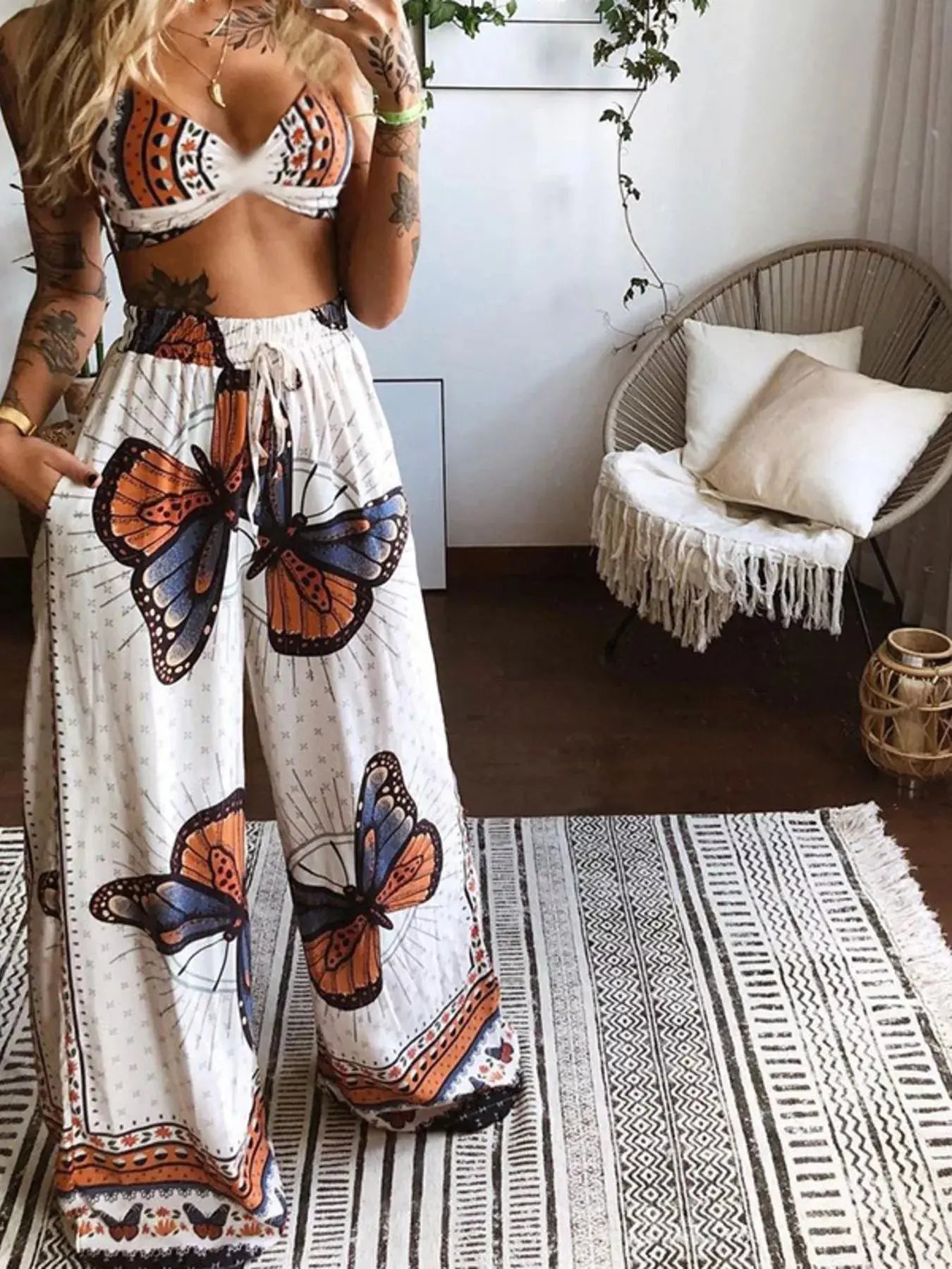Boho Butterfly Print Top and Pants Set Simply Love