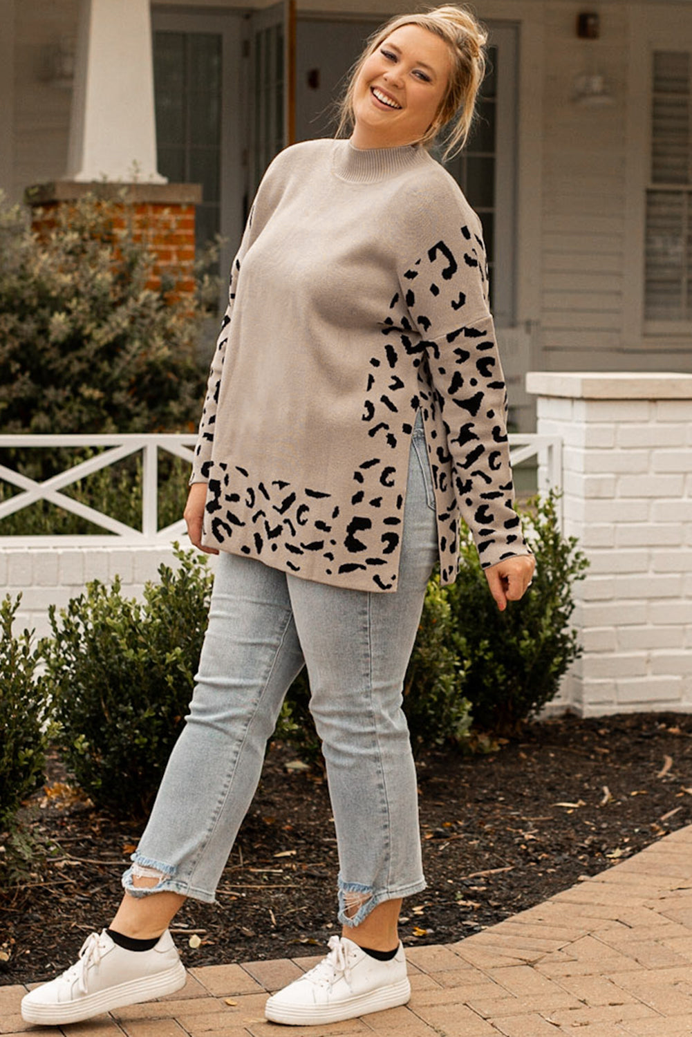 Khaki leopard patchwork high neck sweater for plus sizes