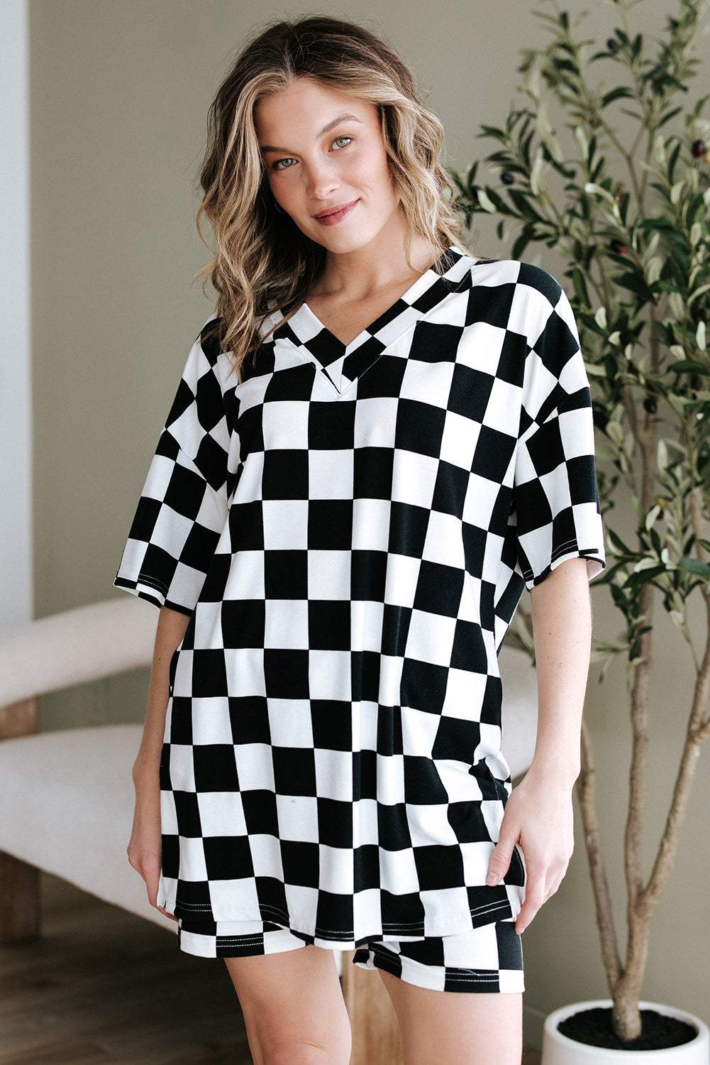 Black Checkerboard Print V Neck Loose Tee and Shorts Set