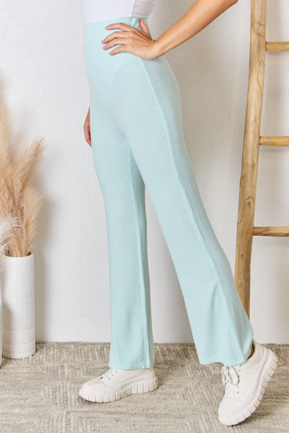 RISEN Full Size High Waist Ultra Soft Knit Flare Pants.