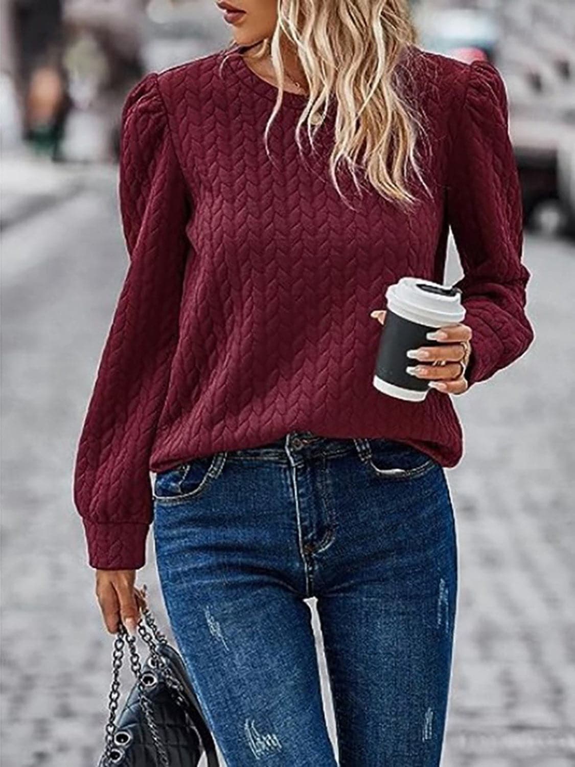 Textured Round Neck Long Sleeve Sweatshirt.