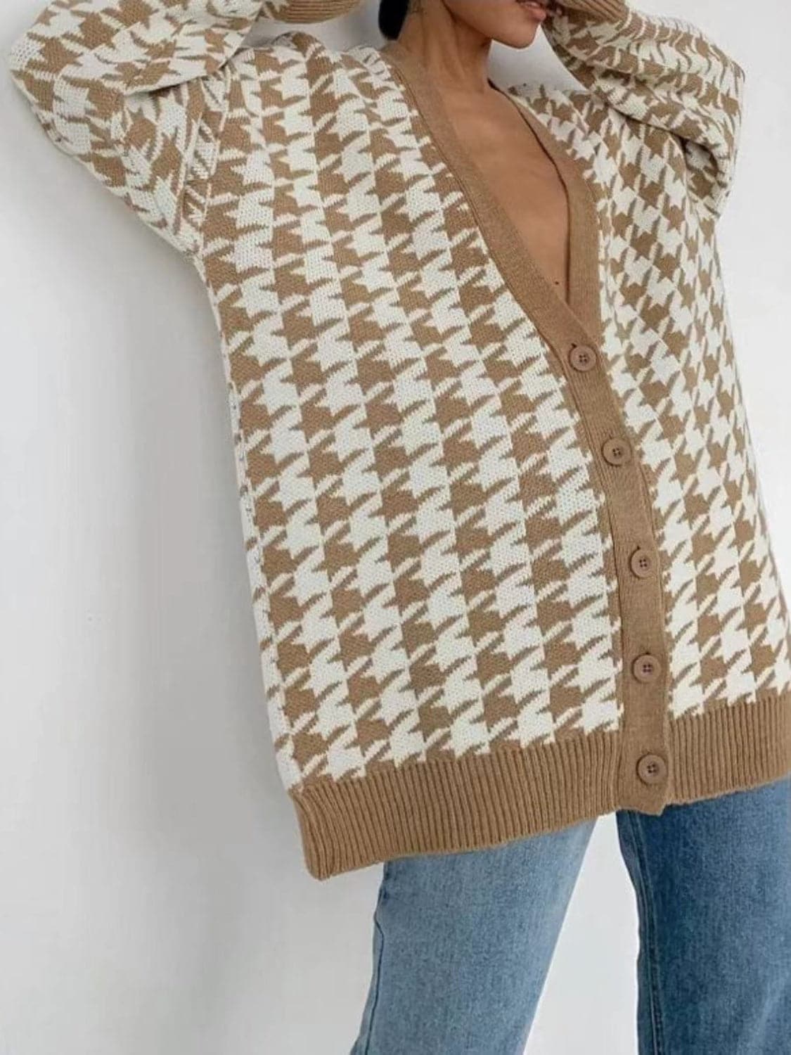 Houndstooth Button Up Long Sleeve Cardigan.