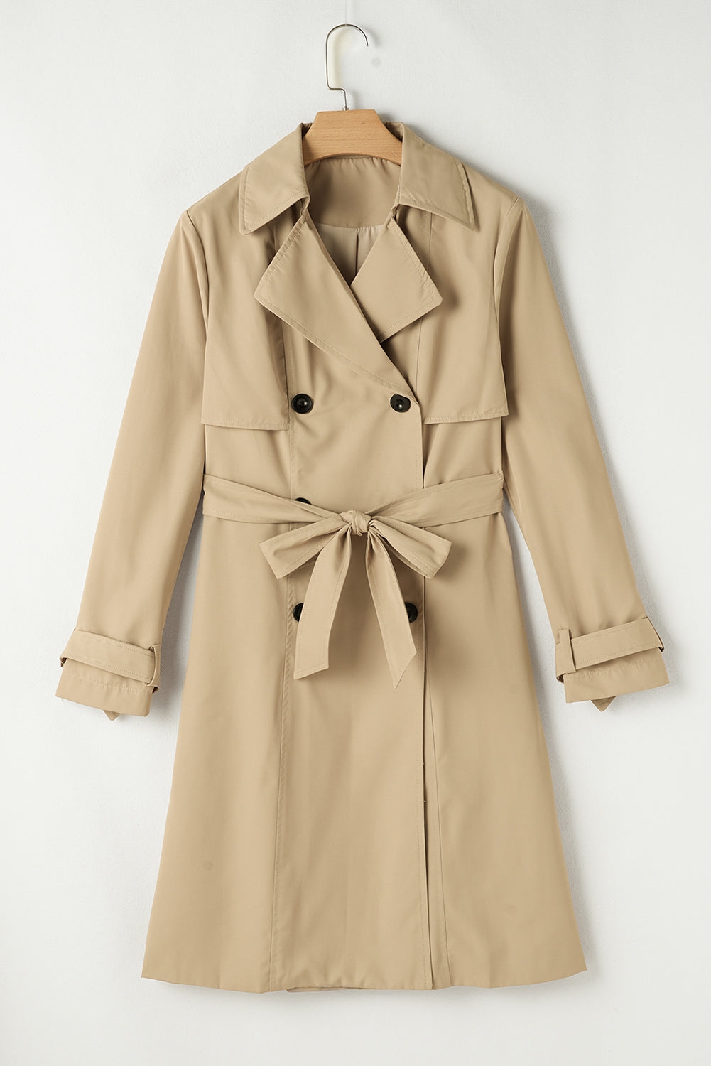 Pale Khaki Solid Color Lapel Collar Waist Tie Wind Coat