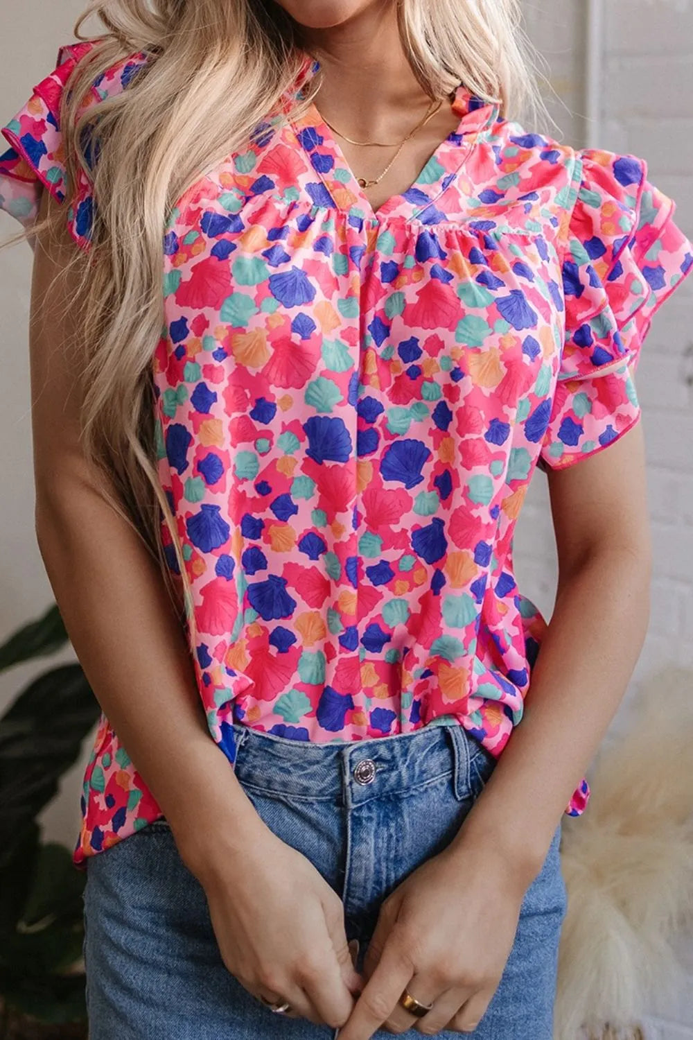 Abstract Print Ruffled Sleeve Notched Blouse - Product image 5 by Simply Love