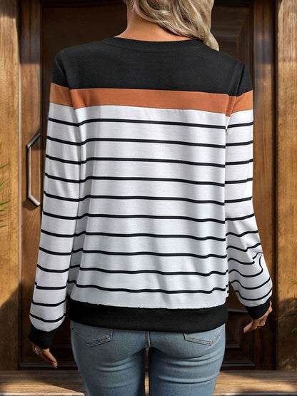 Striped Round Neck Long Sleeve Sweatshirt.