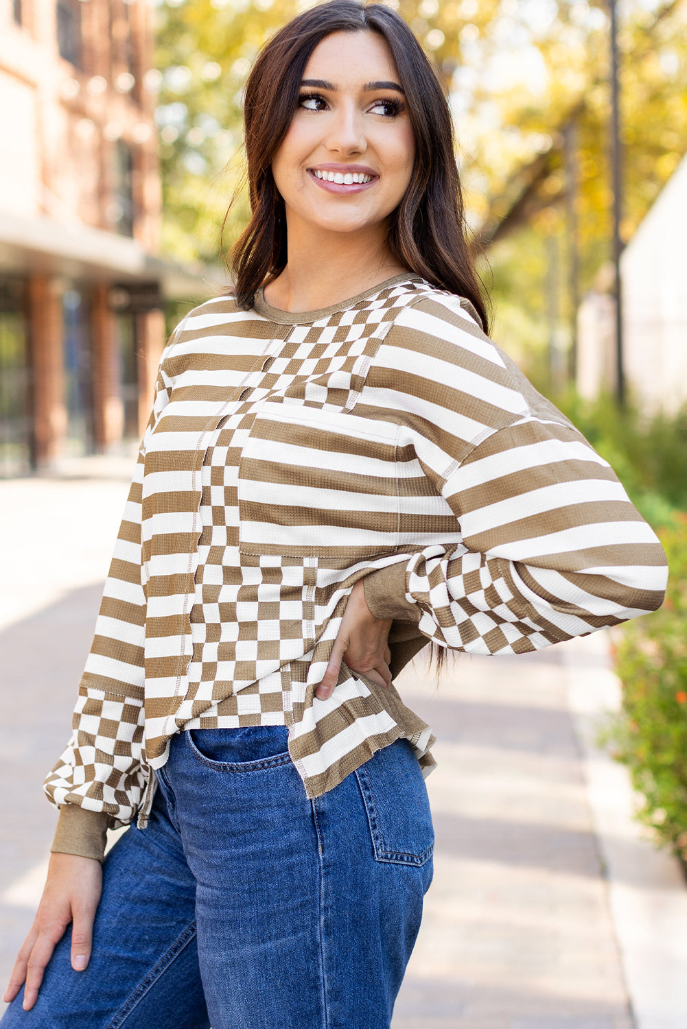 Khaki patchwork blouse with plaid design