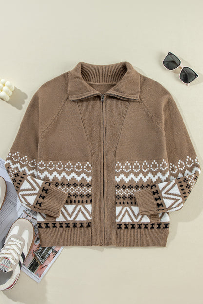 Brown Ribbed Trim Collared Zip-Up Cardigan with Western Print