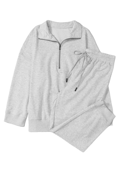 Cozy gray half-zip lounge set with drawstring high-waist pants