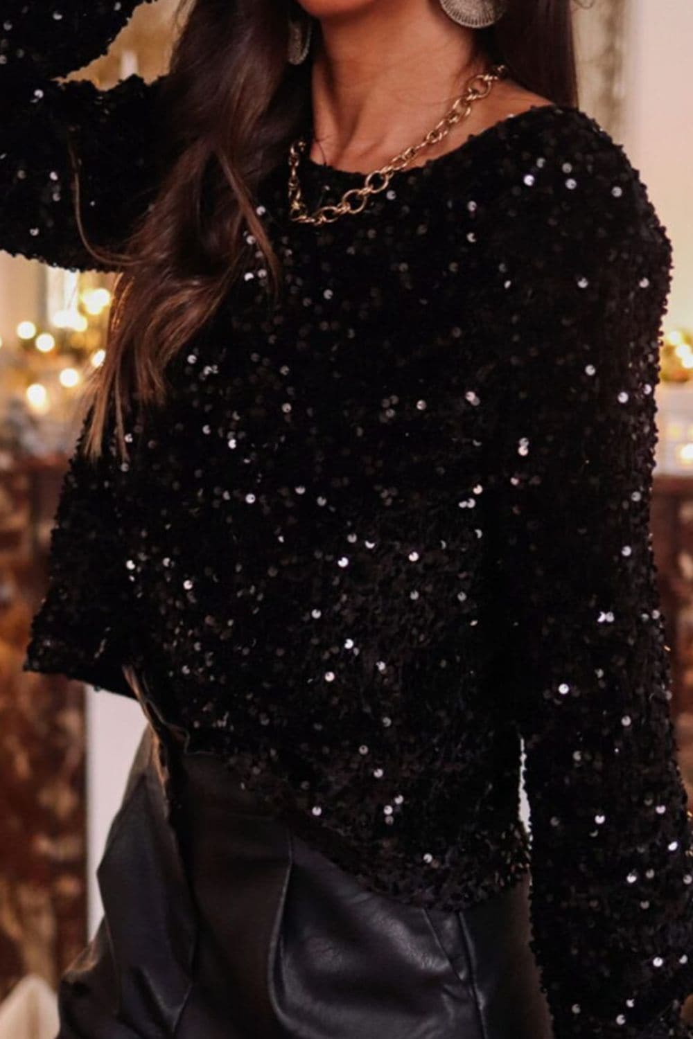 Sequin Round Neck Long Sleeve Blouse.