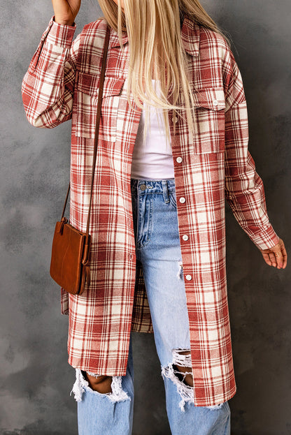 Chic plaid long shacket in fiery red