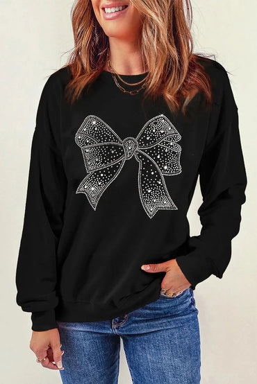 Rhinestone-embellished bow long sleeve sweatshirt with round neck