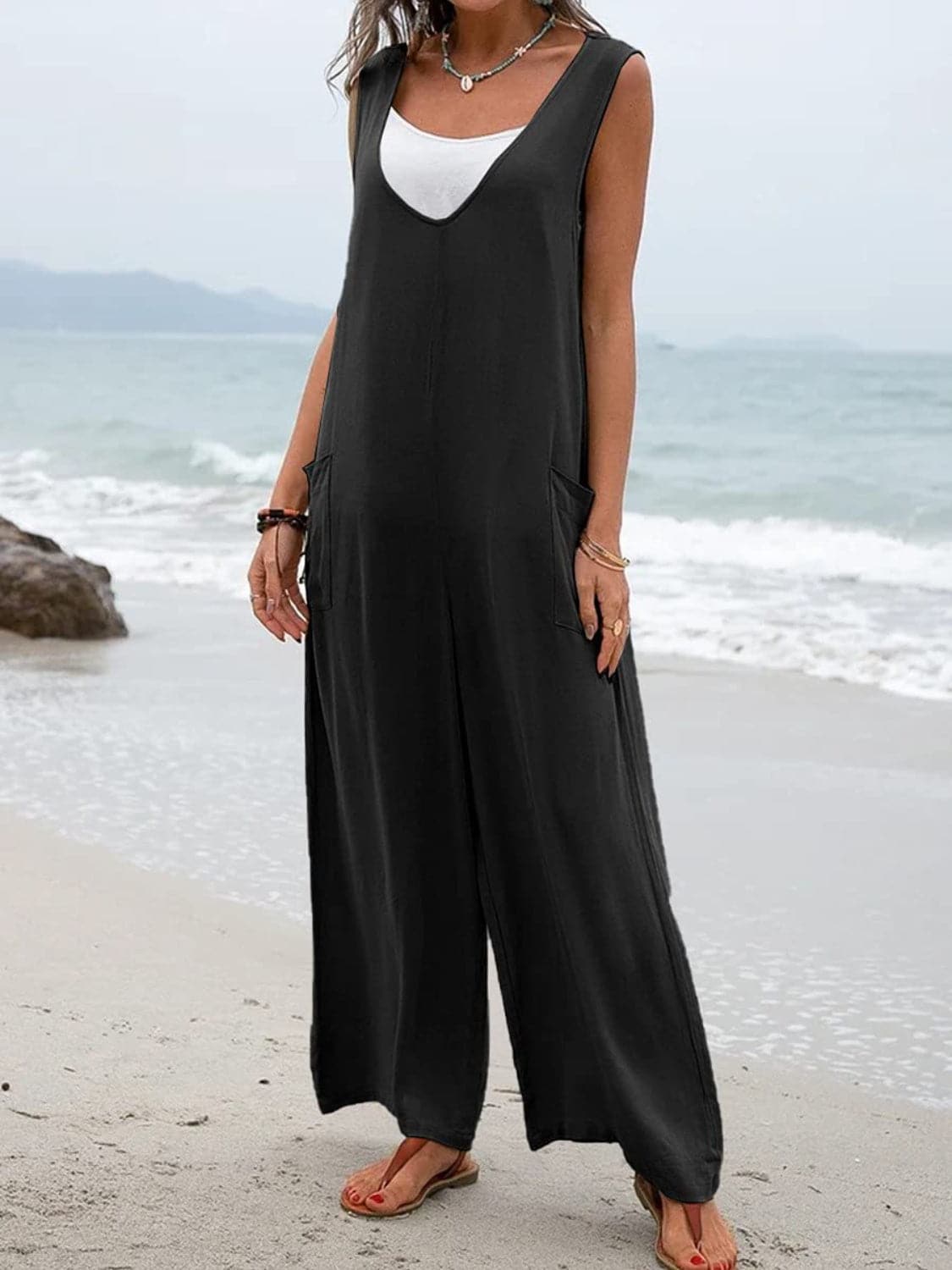 Full Size Wide Strap Jumpsuit with Pockets.