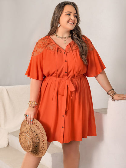 Plus Size Lace Button Up Half Sleeve Dress.