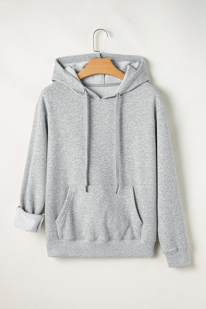 Light Grey Solid Color Fleece Lined Drawstring Hoodie with Pocket