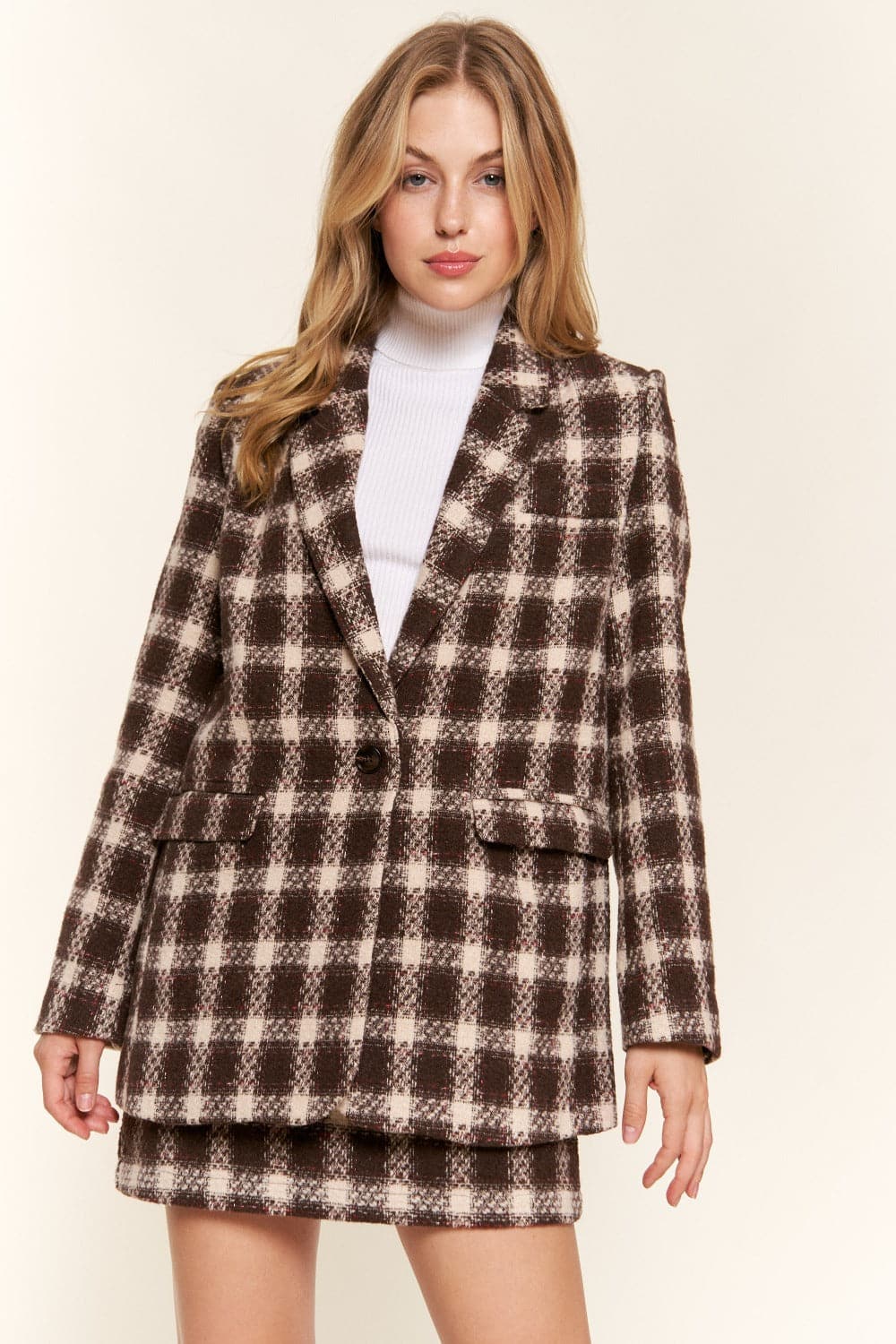 And The Why Full Size Plaid Brushed One Button Blazer.